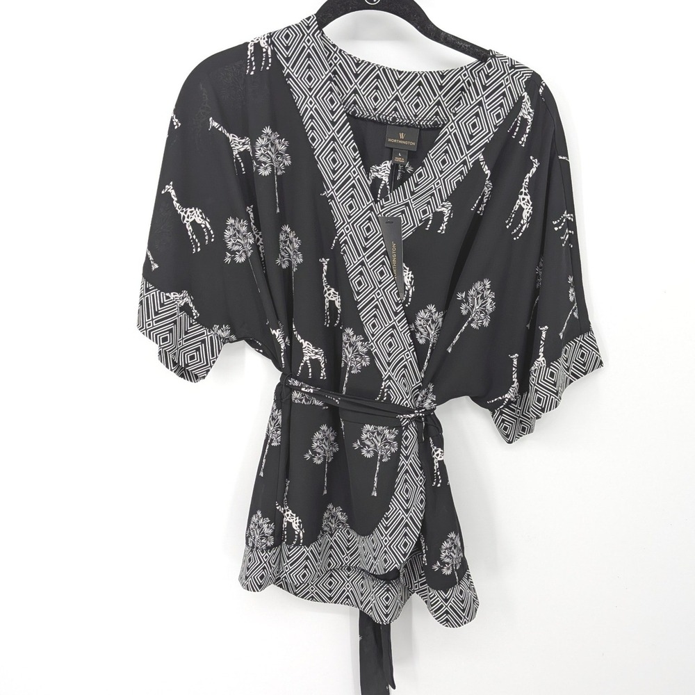 Worthington Giraffe Kimono Wrap Blouse Women Large Black Geometric‎ Belted NWT